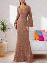 V-neck, Bodycon Sequined Mid-waist, Flared Sleeve Long Dress