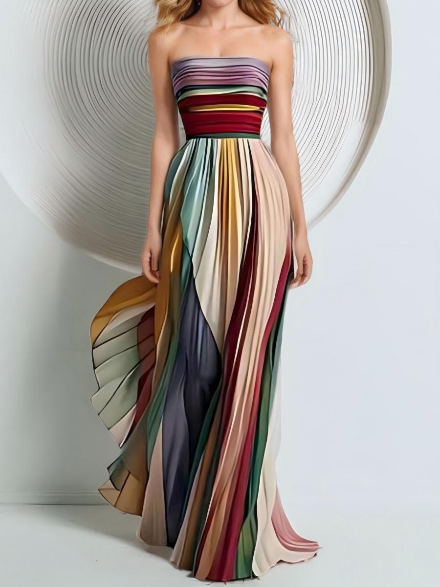 Pleated Sexy Tube Top Printed Colorful Long Dress