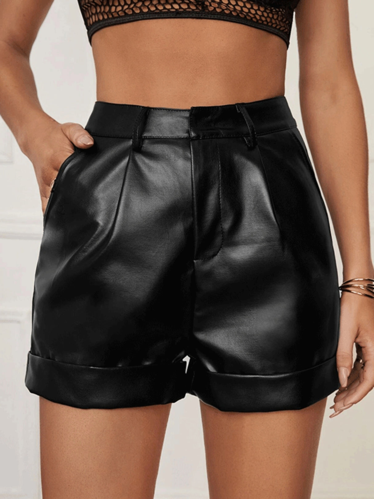 PU Leather High Curls And Pleats At The Hem Sexy Shorts
