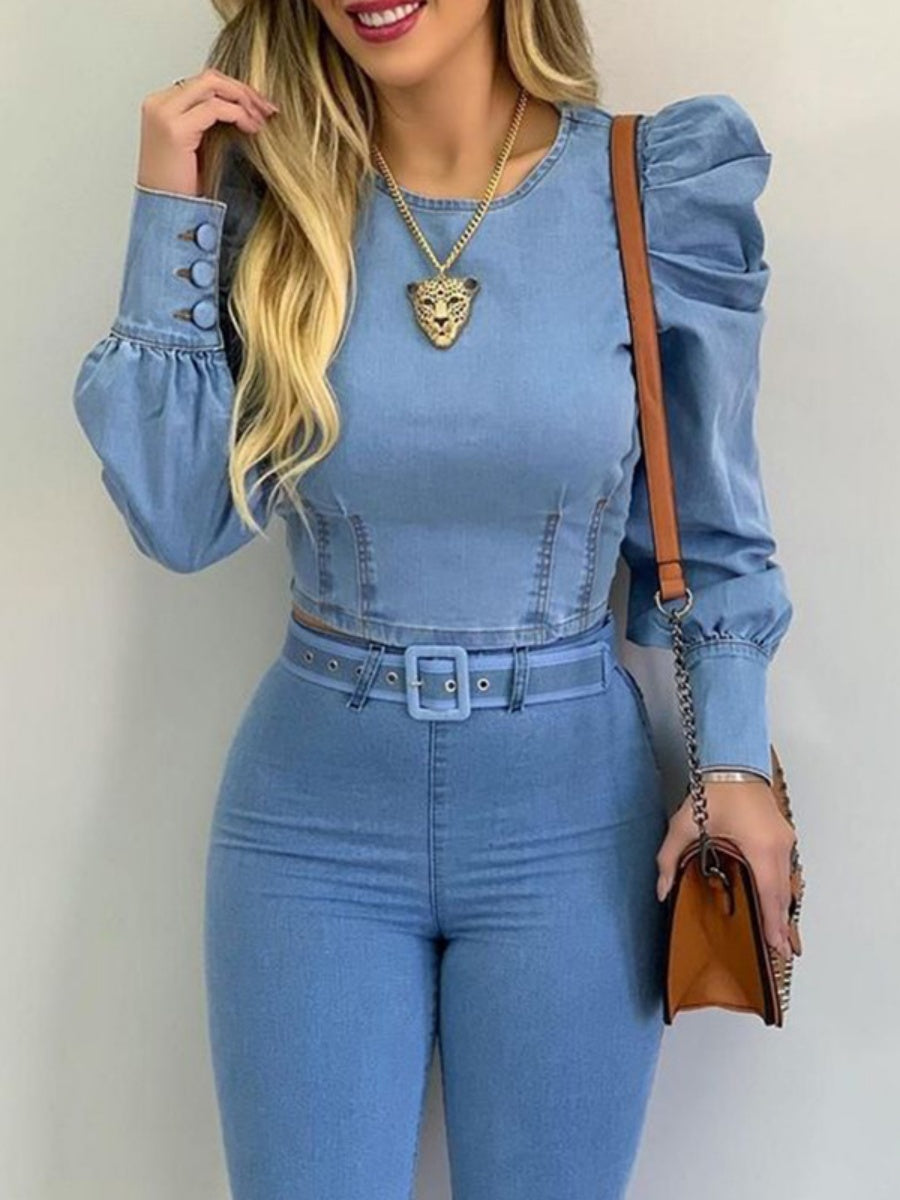 Puff Sleeves Long Sleeve Denim T-shirt