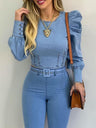 Puff Sleeves Long Sleeve Denim T-shirt
