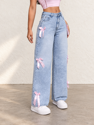 Women's Autumn/Winter High-Waisted Wide-Leg Jeans With Bow Decoration