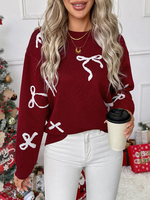 Christmas Bow Jacquard Sweet Red Round Neck Inner Top Long-sleeved Sweater