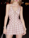 Plaid V-neck Tie Color-blocked Halter Neck Sweet Mini&Short Dresses