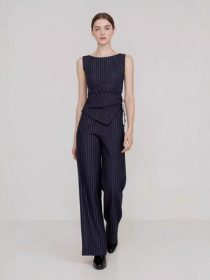 Profession Stripes Sleeveless Asymmetrical Jacket Straight-leg Trousers 2-piece Sets