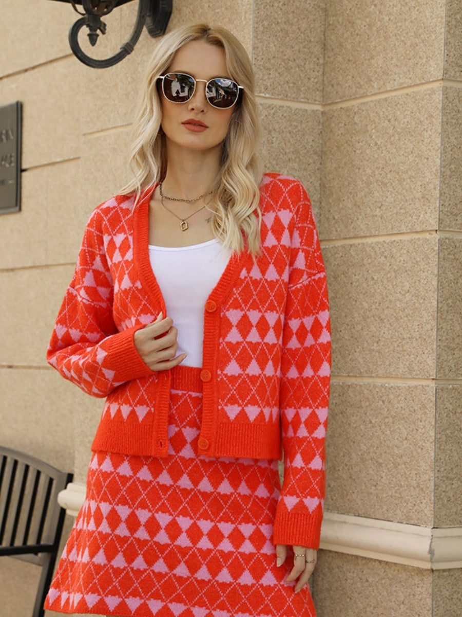 Liber Spring Women's Contrasting colors Diamond Two-piece suit V-neck cardigan A-line skirt Long sleeve