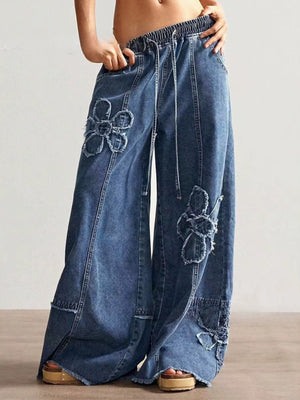 Women's Autumn/Winter Retro Washed Floral Appliqué Wide-Leg Jeans