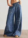 Women's Autumn/Winter Retro Washed Floral Appliqué Wide-Leg Jeans
