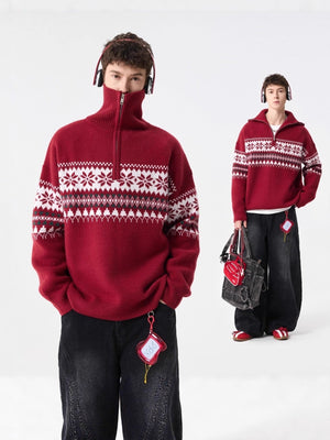 Fair Isle Jacquard Half Zipper Turtleneck Sweaters