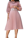 Lace Cutout Lace Patchwork With Belt Long Sleeves Midi Dresses