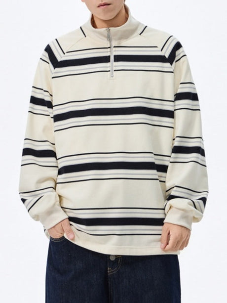 Mock Neck Zipper Stripes Raglan Sleeves Sweatshirts
