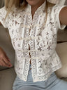 Lace Crochet Stand Collar Button Short-sleeved T-shirt