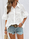 Women's Short-sleeved Shirt With Lapel And Openwork Embroidery