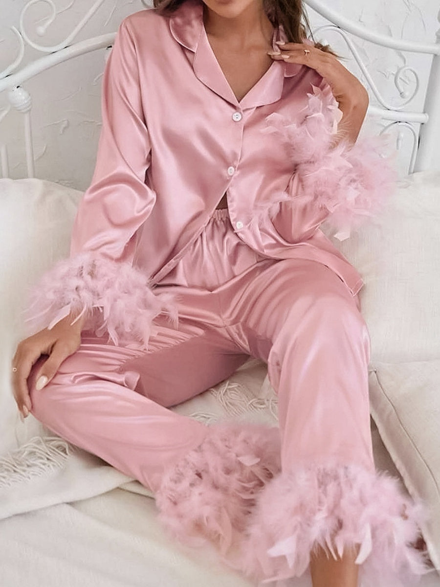 Feather Ice Silk Long-Sleeved Pants Pajama Set
