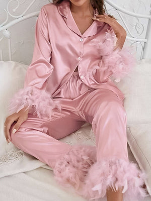 Feather Ice Silk Long-Sleeved Pants Pajama Set