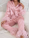 Feather Ice Silk Long-Sleeved Pants Pajama Set