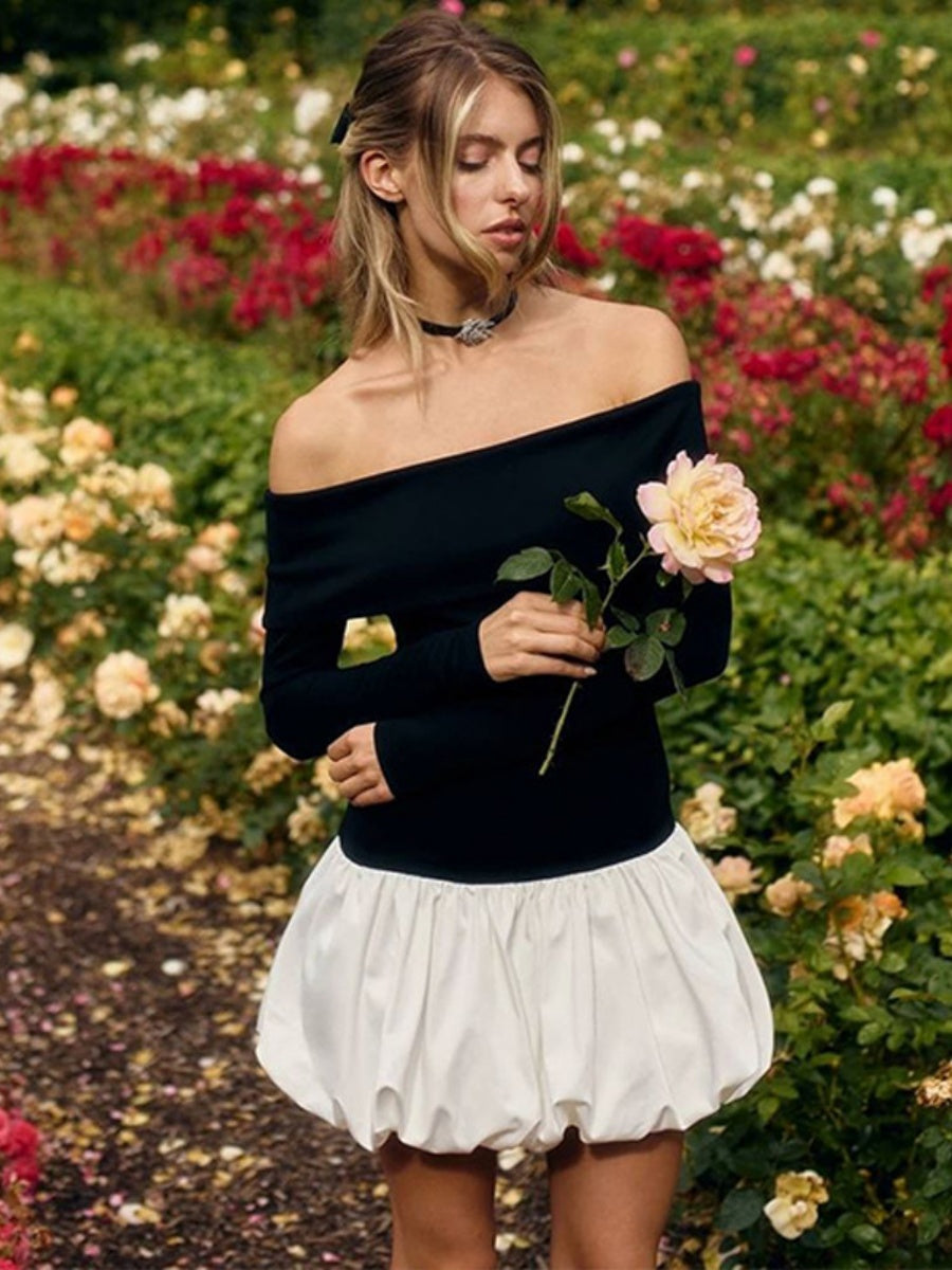 Liber Autumn Women's Off-shoulder Black and white color matching Long sleeve Mini&Short Dresses