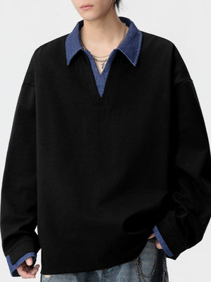 V-neck Color Matching Loose Simplicity Polo