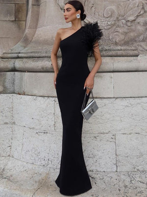 Black Sloping Shoulders Spliced Feathers Slim Fit Long Evening Dress