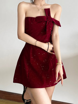 Robes courtes et mini à paillettes de Noël, dos nu, bustier, nœud et fermeture éclair