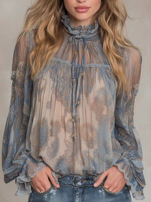 High-neck Floral Print Long-sleeved Shirt