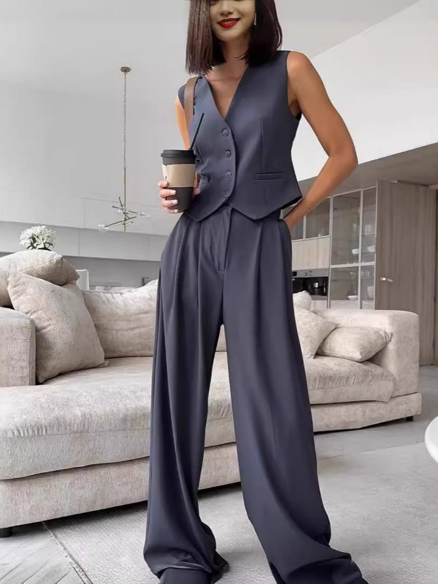 V-neck Sleeveless Vest, Flowy Wide-leg Trousers, Casual Style. 2-piece Sets