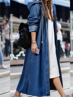 Long Denim Jacket, Loose Fit Casual Style Hooded Coat