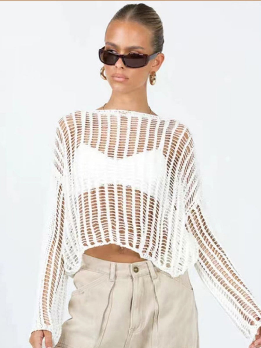 Liber Autumn women's see-through knitted loose hollow pullover mesh see-through top