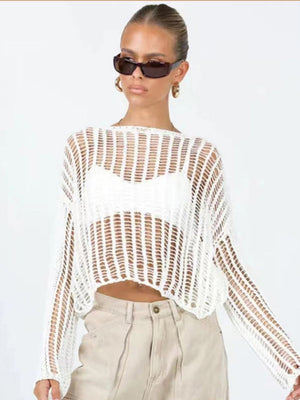 Liber Autumn women's see-through knitted loose hollow pullover mesh see-through top