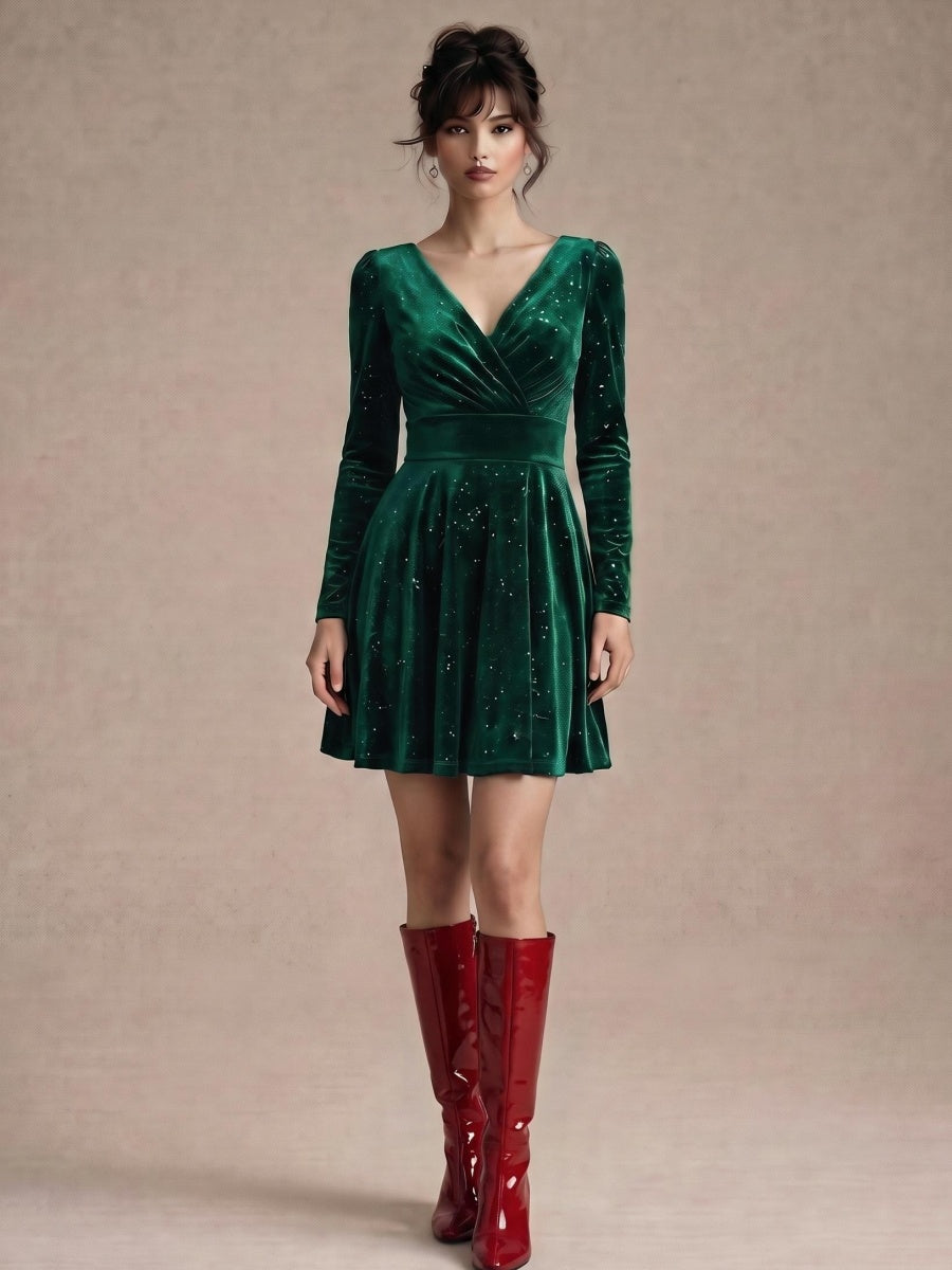 V-neck Solid Color Mini&Short Dresses