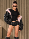 Color Block Pink Plush Leather Long-Sleeved Coat
