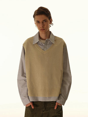 Splicing Fake Two Pieces Vertical Strip Long-sleeved Shirt With Pattern