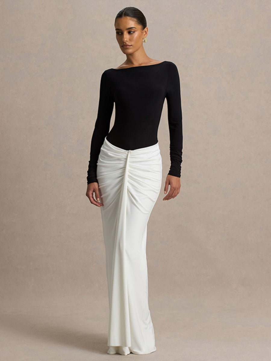 Hip-hugging Long-sleeved Contrasting Color Crimp Spliced Long Dress