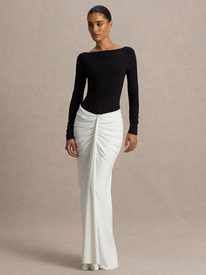 Hip-hugging Long-sleeved Contrasting Color Crimp Spliced Long Dress