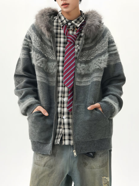 Fair Isle Pattern Fur Collar Hooded Splicing Cardigans