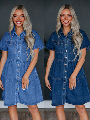 Denim Buttons Short-sleeved Collar Mini&Short Dresses