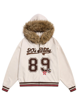 Retro Letter Embroidery Deerskin Fur Collar Plush Hooded Cardigan