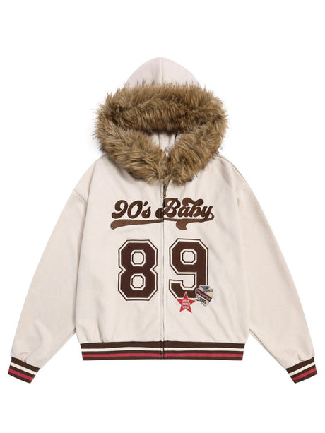 Retro Letter Embroidery Deerskin Fur Collar Plush Hooded Cardigan
