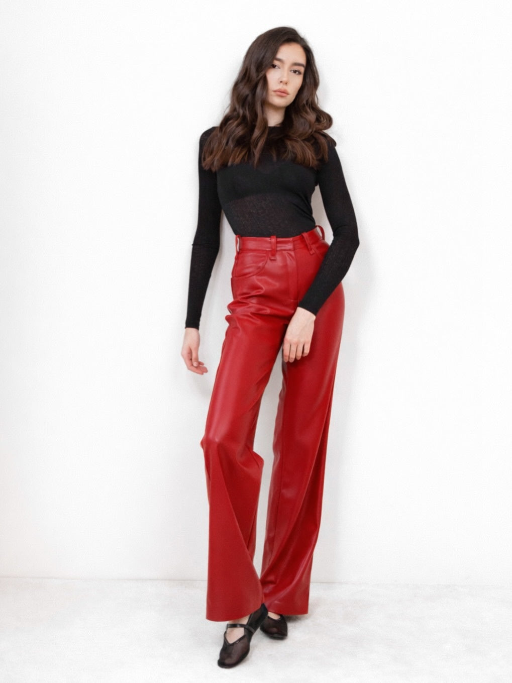 High-waisted Slim-fit Straight-leg PU Leather Pants