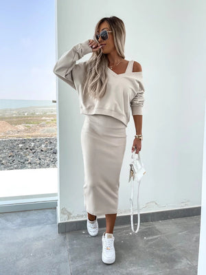 Liber Autumn women's V-neck clothing Pullover solid color long sleeve two piece dress