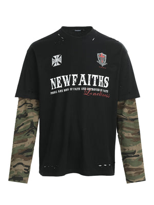 Hole Camouflage Splicing Fake Two Pieces Long-sleeved T-shirt