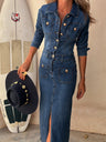 Lapel Buttons Pocket Slit Long Denim Dress