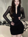 Pure And Alluring Collared Inner Layer Base Layer Slimming Sexy V-neck Mesh Patchwork Bodycon Long Sleeve Dress