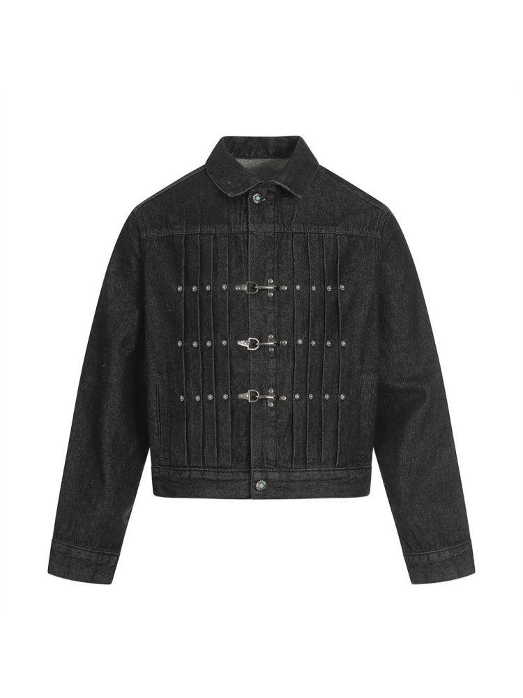 Veste en jean courte plissée à boutons style aviateur hip-hop