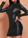 PU Patent Leather Wrinkles Long Sleeve Turtleneck Stretch Bodycon Party Dress