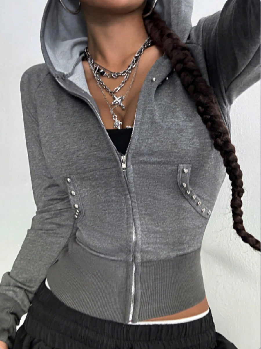 Zipper Beading Hooded Base Layer Sweatshirts&Hoodies