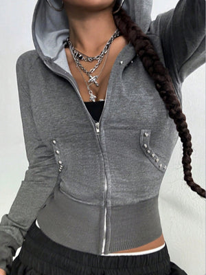 Zipper Beading Hooded Base Layer Sweatshirts&Hoodies