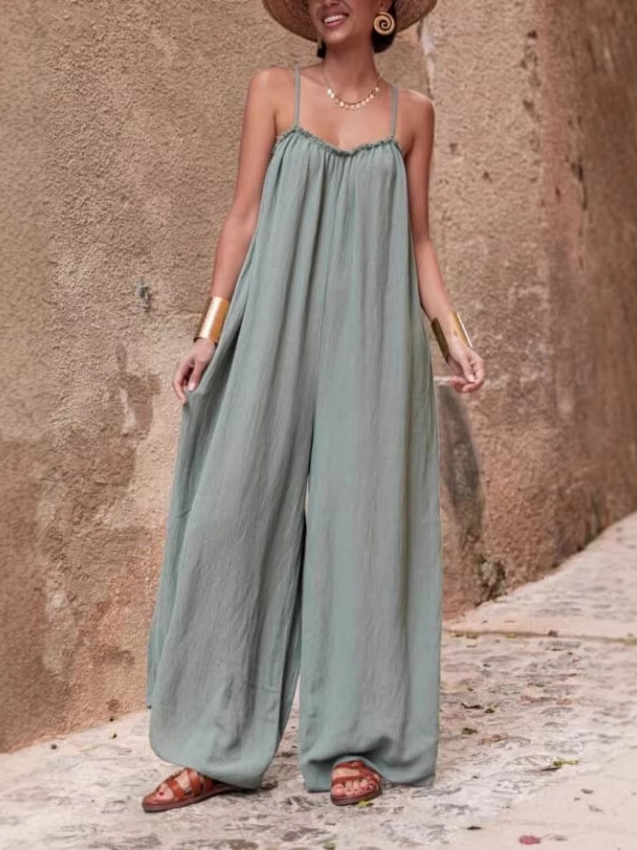 Cotton Linen Women's Suspender Backless Loose Jumpsuit