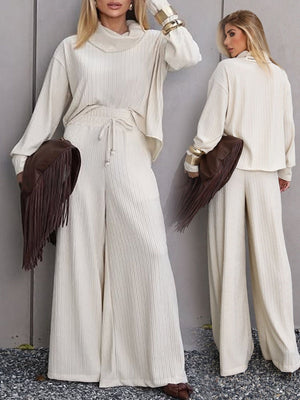 Blended Loose Jacquard Stand Collar Long Sleeves Two-piece Straight-leg Trousers