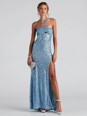 Liber Autumn women's sequins Tube top High-slit halterneck long dress